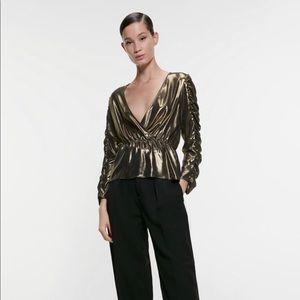 Zara Antique Gold Wrap Top Size L NWOT